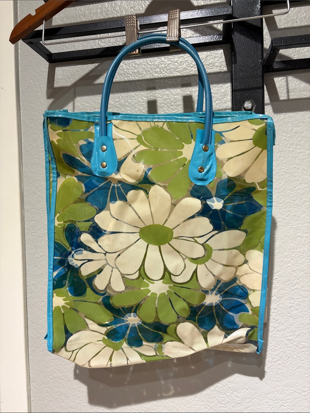 Vintage Floral Vinyl Tote Bag Blue Green White Retro Shopper